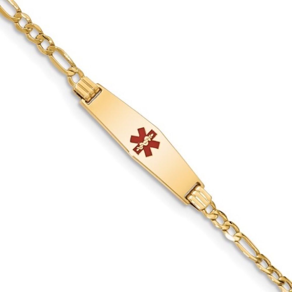 Brand New 14K Medical Semi-Solid Diamond Shape Red Enamel Figaro ID Bracelet